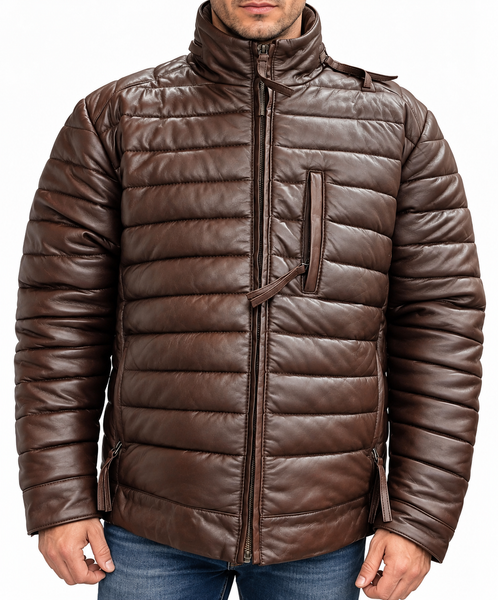 Men's Dark Brown Leather Windbreaker Biker Puffer Jacket