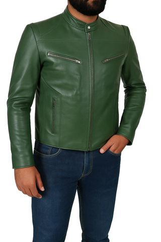 Noora Men’s Genuine Green Biker Leather Jacket – Casual Style with Zipper & Pockets