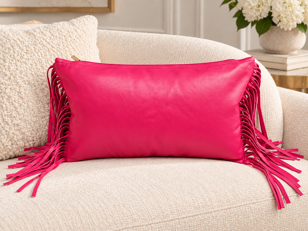 Lambskin Leather Hot Pink Cushion Cover Decorative With Side Fringe – view 2