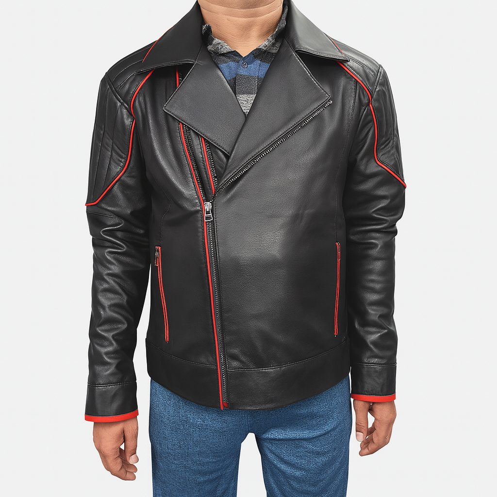 Noora Men’s Black Leather Biker Jacket with Red Piping detail, Handcrafted Real Lambskin Moto Leather Jacket