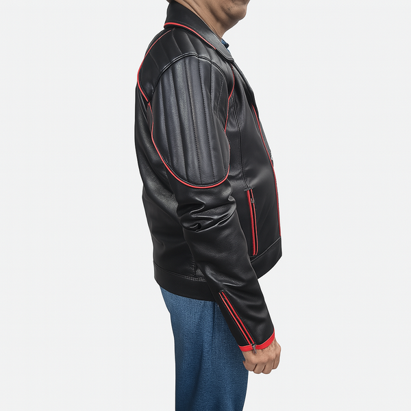 Noora Men’s Black Leather Biker Jacket with Red Piping detail, Handcrafted Real Lambskin Moto Leather Jacket
