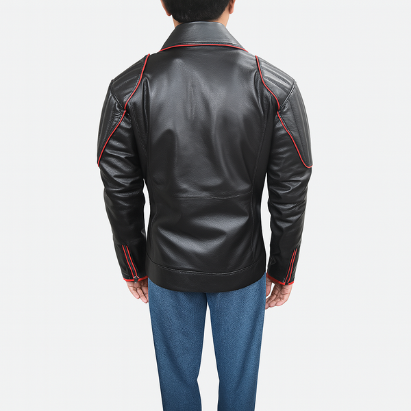 Black leather jacket with red stitching on a white background