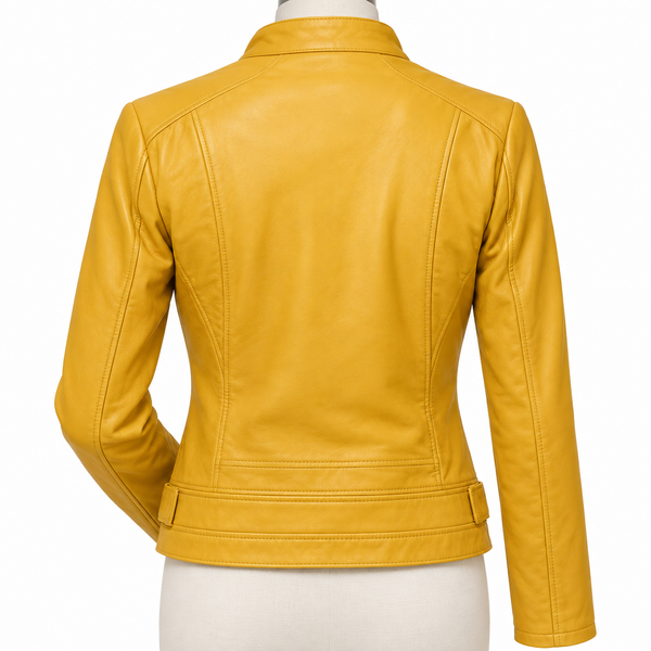 Yellow Lambskin Leather Motorcycle Biker Jacket for Women – view 3