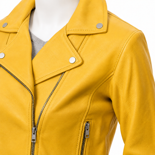 Yellow Lambskin Leather Motorcycle Biker Jacket for Women – view 4