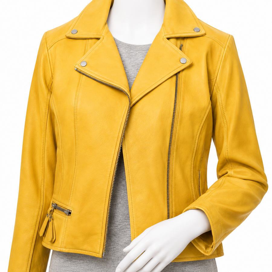 Yellow Lambskin Leather Motorcycle Biker Jacket for Women
