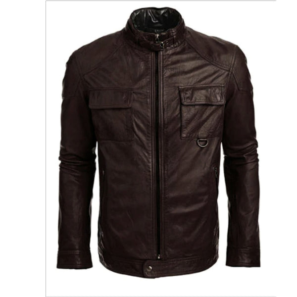 Noora New Lambskin Men Chocolate Brown Leather Jacket With Belted Collared Jacket & Pockets YK093