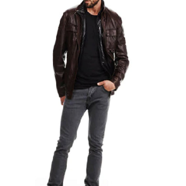 Noora New Lambskin Men Chocolate Brown Leather Jacket With Belted Collared Jacket & Pockets YK093