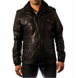 Noora Men Biker Black Leather Jacket Black Double Layered Collar & Zip Real Leather QD41