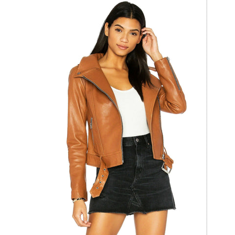Noora New Lambskin Hot New Fashion Style Women Tan Leather jacket SP4