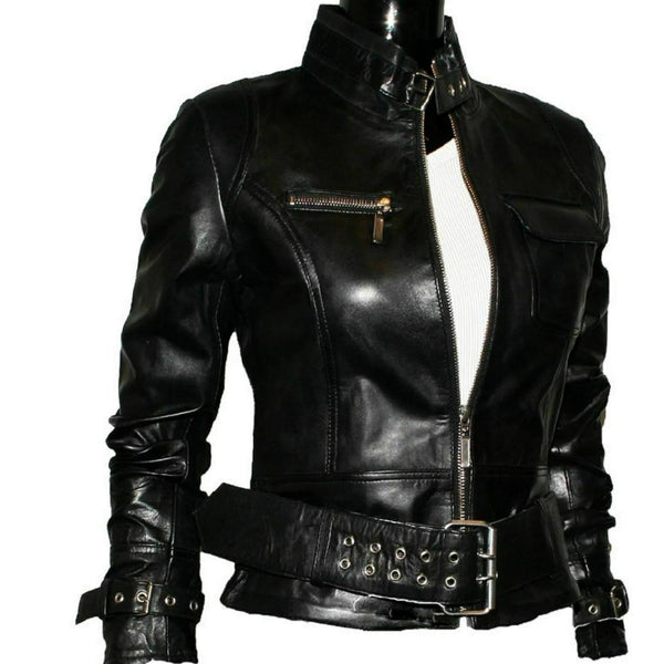 NOORA New Women Real Genuine Black Leather Jacket Lambskin Biker Styles Modern QD84