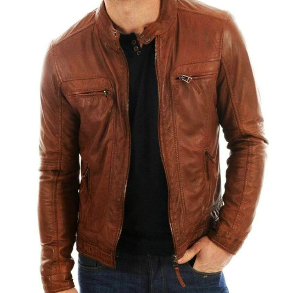 Noora Lambskin Mens Leather Jacket Tan Brown | Glossy Brown Motorcycle Jacket | Classical Western Jacket YK094
