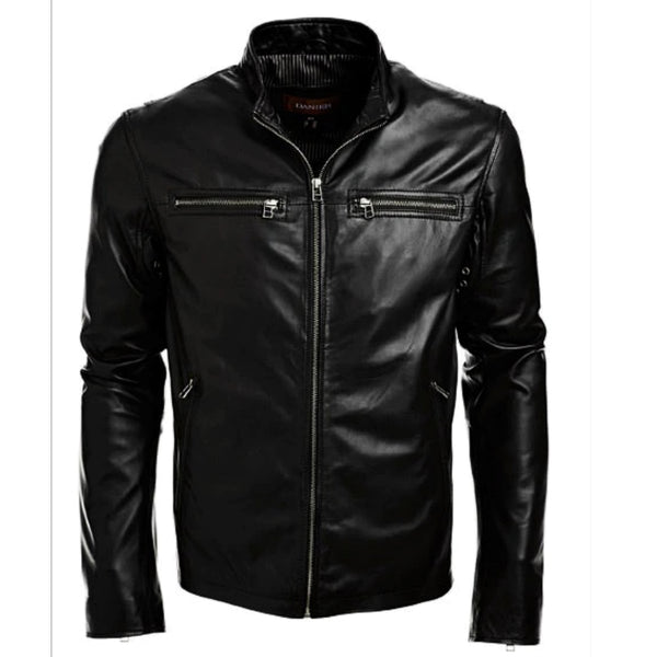 Noora Men's Lambskin Leather Biker Jacket With Zipper & Pocket | Classic Club Outwear Jacket Black SU013