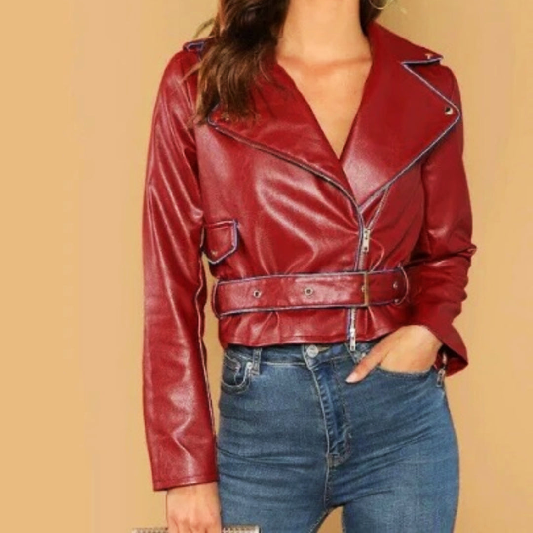 Noora New Women Lambskin Shiny Dark Red Leather Jacket, Belted Cropped Biker Jacket, Designer Cropped Jacket With Blue Piping YK060