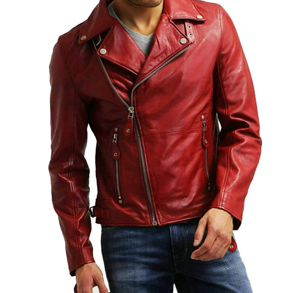 NOORA MEN'S RED LEATHER JACKET SLIM FIT BIKER LAMBSKIN LEATHER MOTORCYCLE NI-14
