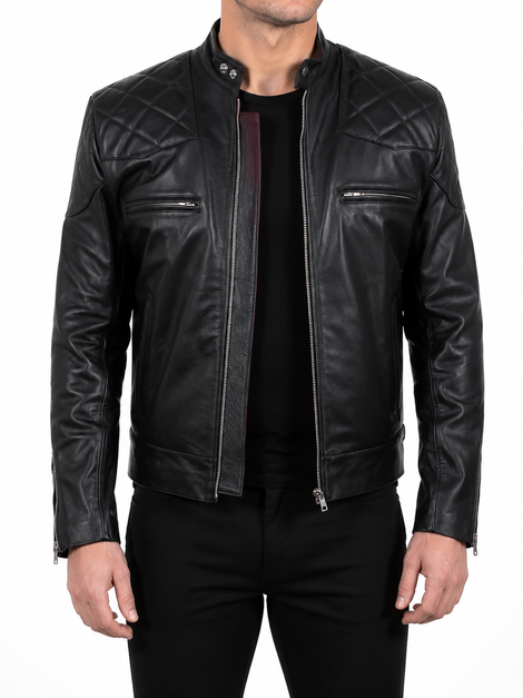 Men's Black Lambskin Leather Quilted Biker Jacket With Zipper Designer Motorcycle biker Leather
