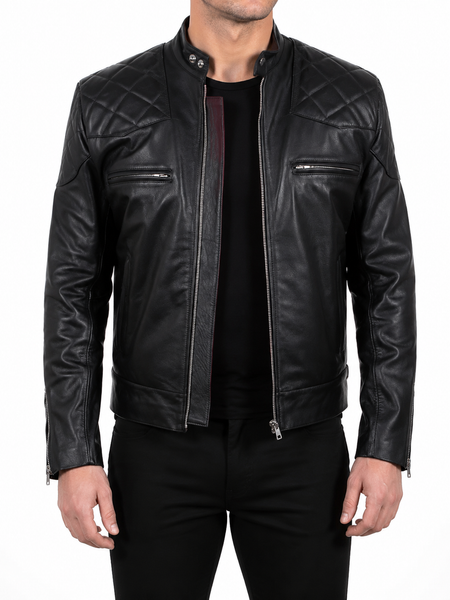 Noora New Men's Black Lambskin Leather Quilted Biker Jacket With Zipper Designer Motorcycle biker Leather Jacket SU031