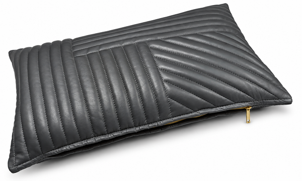 Grey Geometric Quilted Rectangle Leather Cushion Cover – view 2