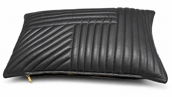 Grey Geometric Quilted Rectangle Leather Cushion Cover – view 3