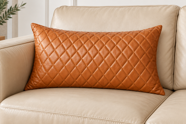 Mango Tan Lambskin Leather Diamond-Stitched Cushion Cover – view 3