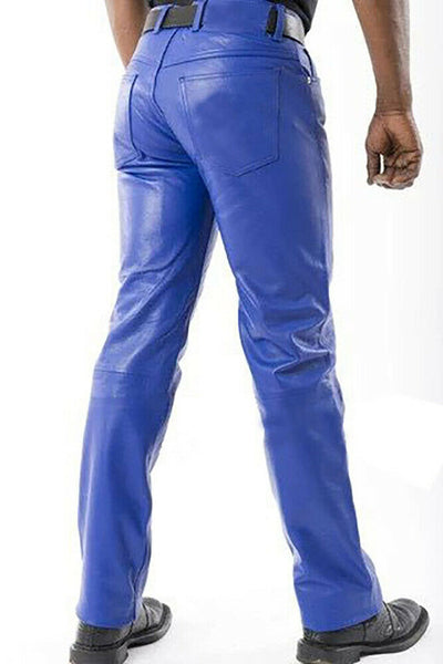 Noora Men's Real Sheep Leather Pants, Bikers Leather Pants, Slim Fit Pants, Nightclub Party & Dance Pants, Gift for Men - Blue