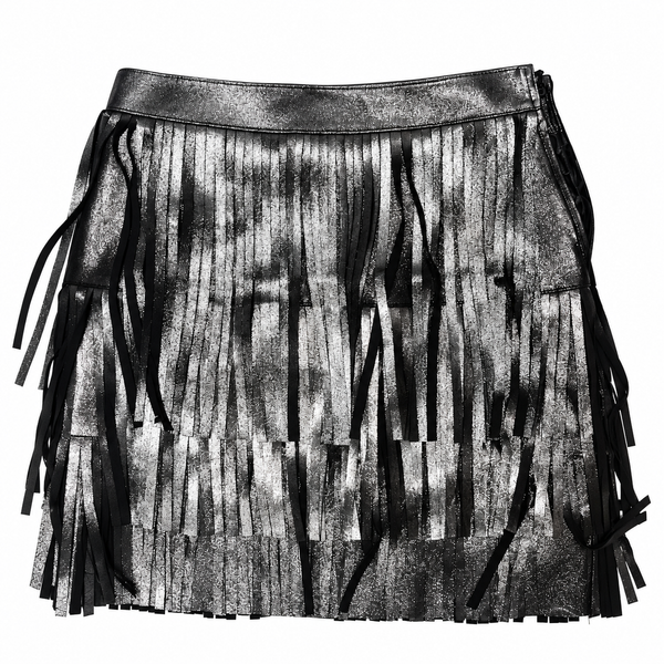 Layered Fringe Leather Skirt, Black Glitter, A-Line, Tiered