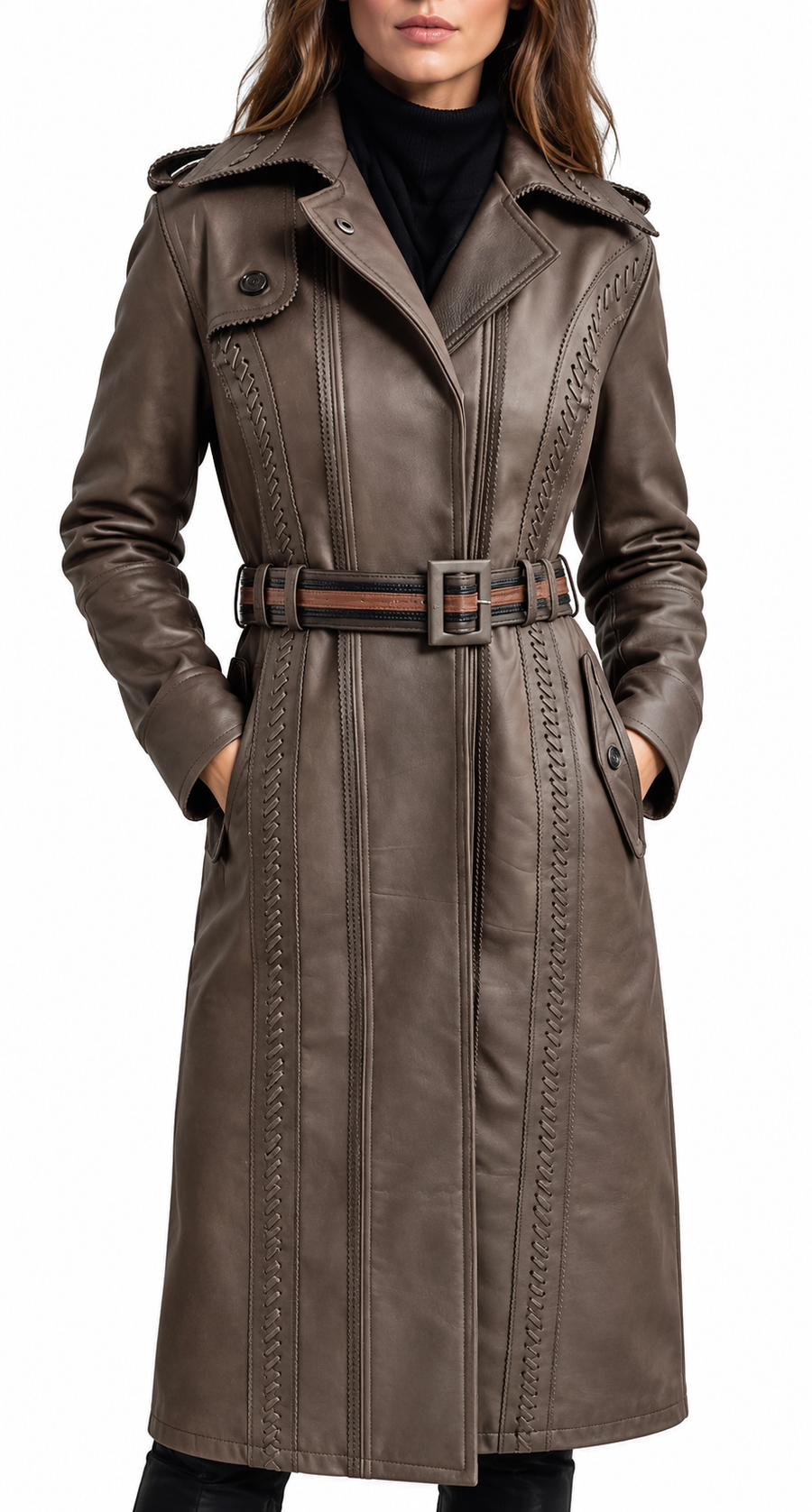 Brown Braided Stitch Leather Trench Coat