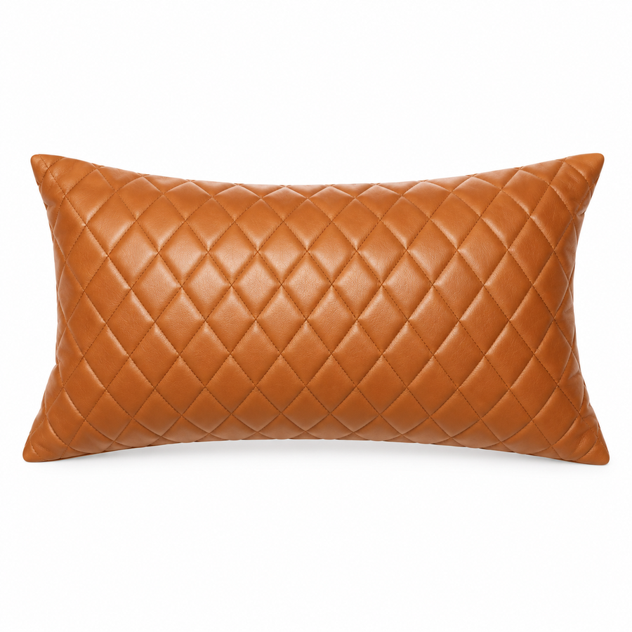 Mango Tan Lambskin Leather Diamond-Stitched Cushion Cover