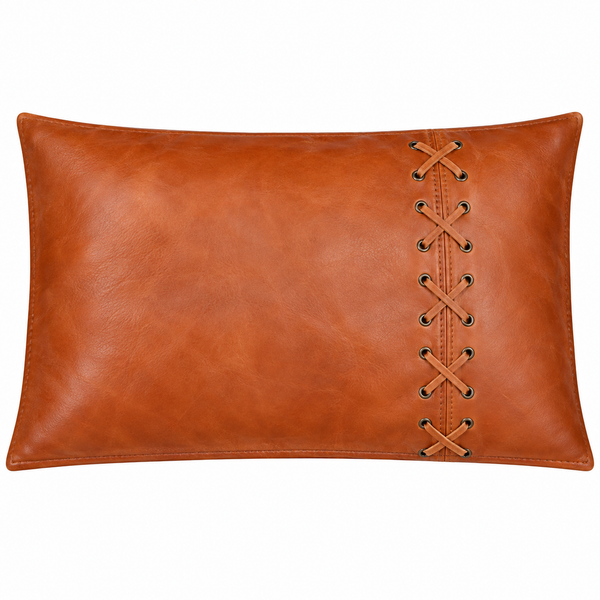 Burnt Rustic Tan & Black Criss-Cross Leather Pillow Cover – view 4