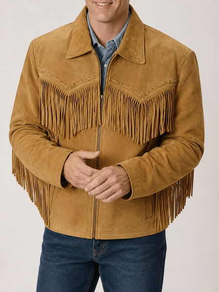 NOORA Mens cowboy western style outerwear coat leather suede jacket Fringe NI-56