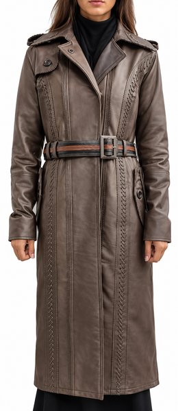 Brown Braided Stitch Leather Trench Coat – view 3