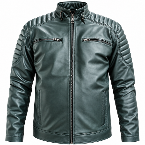 Men's Green Leather Motorcycle Jacket – view 2
