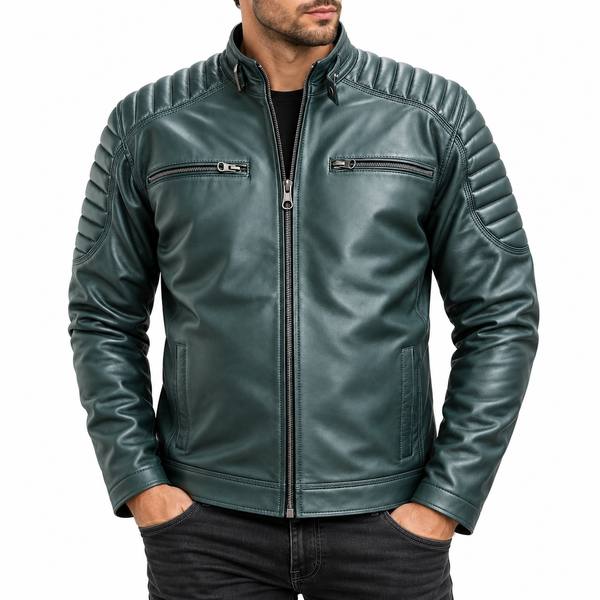 Men's Green Leather Motorcycle Jacket – view 3