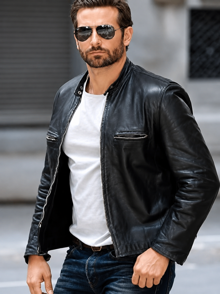 NOORA Mens Lambskin Black Leather Biker Jacket With Zipper & Pocket | Celebrity Wear Jacket | Slim Fit Jacket |