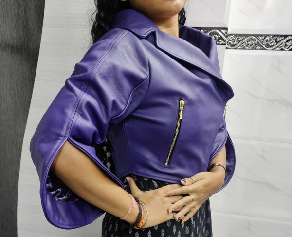 NOORA Women's Biker Purple Leather Cropped Jacket|Western Party Wear Jacket| Modern Style Crop Jacket