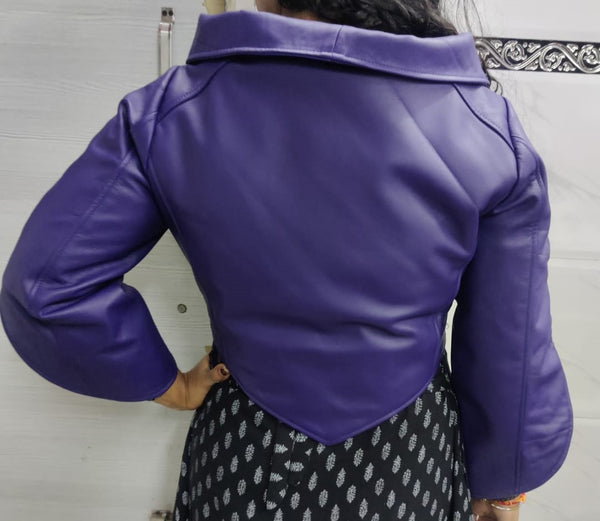 NOORA Women's Biker Purple Leather Cropped Jacket | Western Party Wear Leather Jacket | Modern Style Crop Leather Jacket | Designer Made Crop Jacket SN04