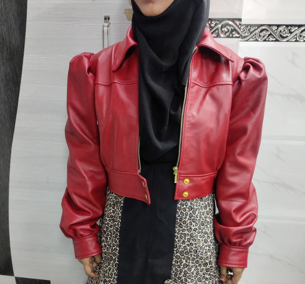Noora Women's Lambskin Red Leather Crop Jacket, Stylish Red Shrug Biker Leather Jacket, Gift for Her