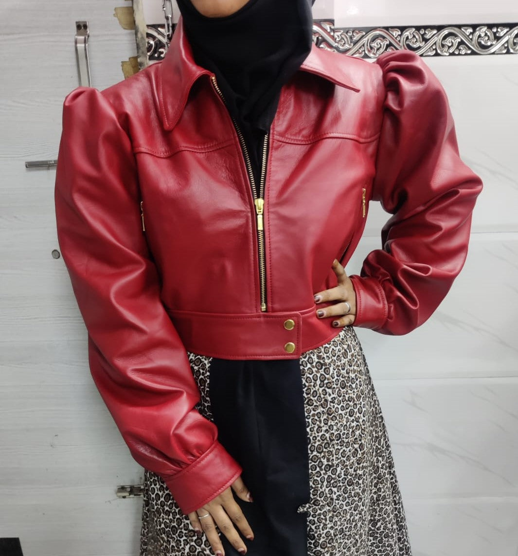 Noora Women's Genuine Lambskin Red Leather Crop Jacket | Stylish Red Biker Leather Jacket | Shrug Leather Slim Fit Coat | Gift for Her | SN001