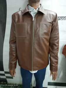 NOORA Lambskin Men's Dark Brown Leather Jacket, Classic Men's Biker Style Jacket with White Stitching