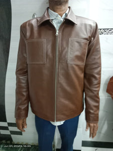 NOORA Lambskin Men's Dark Brown Leather Jacket, Motorcycle Leather Jacket, Classic Men's Biker Style Jacket with White Stitching.