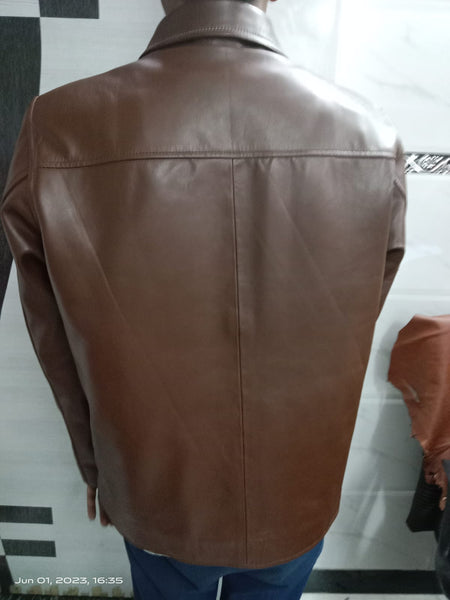 NOORA Lambskin Men's Dark Brown Leather Jacket, Classic Men's Biker Style Jacket with White Stitching