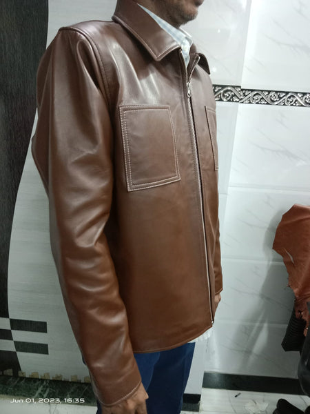 NOORA Lambskin Men's Dark Brown Leather Jacket, Motorcycle Leather Jacket, Classic Men's Biker Style Jacket with White Stitching.