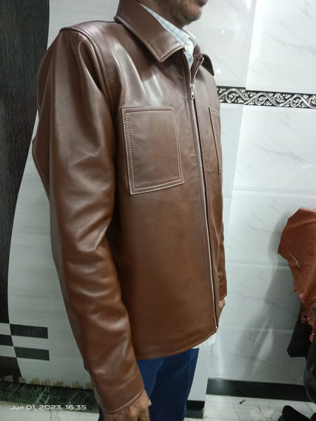 NOORA Lambskin Men's Dark Brown Leather Jacket, Classic Men's Biker Style Jacket with White Stitching