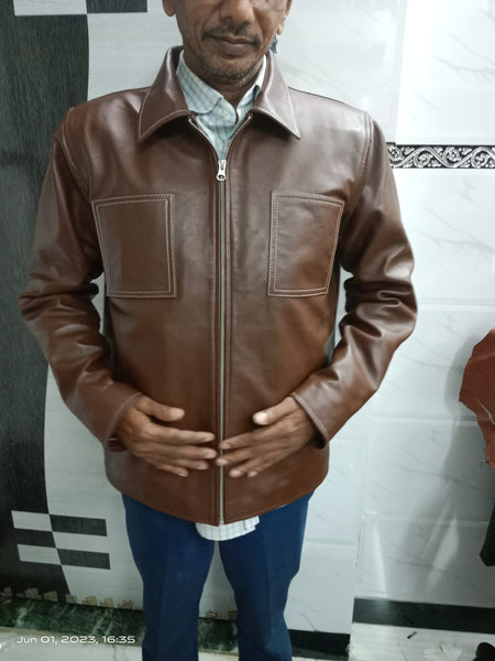 NOORA Lambskin Men's Dark Brown Leather Jacket, Motorcycle Leather Jacket, Classic Men's Biker Style Jacket with White Stitching.