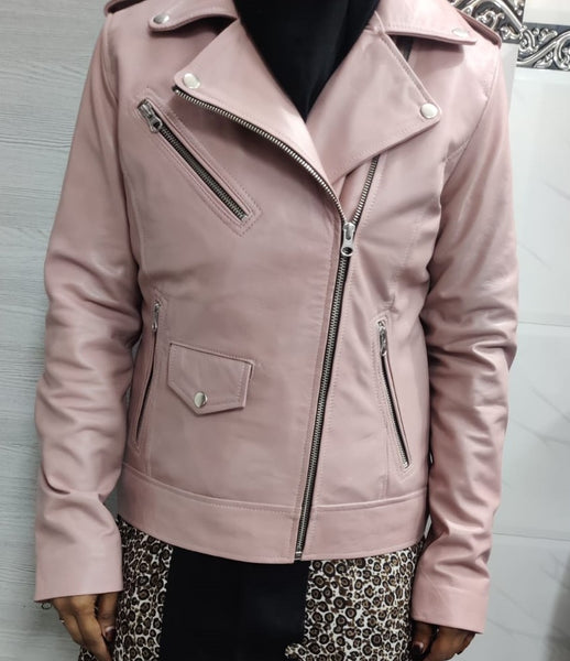 NOORA Women's Light Pink Lambskin Leather Jacket | Motorcycle Jacket | Slim Fit Winter Jacket for Her | SN020