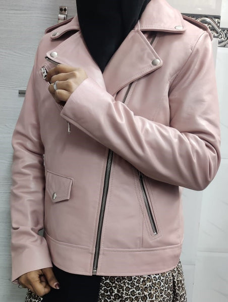 NOORA Women's Light Pink Lambskin Leather Jacket | Motorcycle Jacket | Slim Fit Winter Jacket for Her | SN020