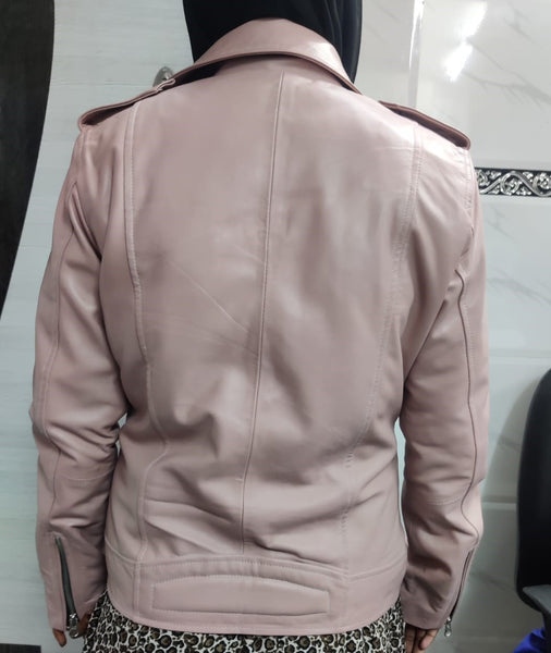 NOORA Women's Light Pink Lambskin Leather Jacket | Motorcycle Jacket | Slim Fit Winter Jacket for Her | SN020
