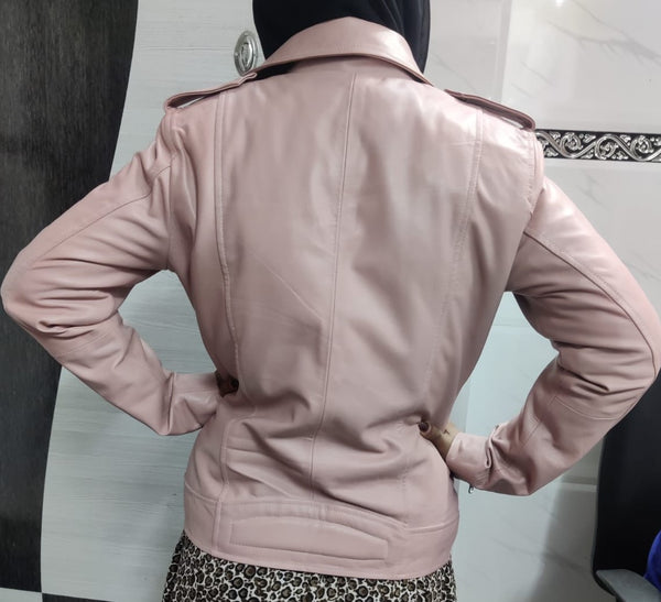 NOORA Women's Light Pink Lambskin Leather Jacket | Motorcycle Jacket | Slim Fit Winter Jacket for Her | SN020