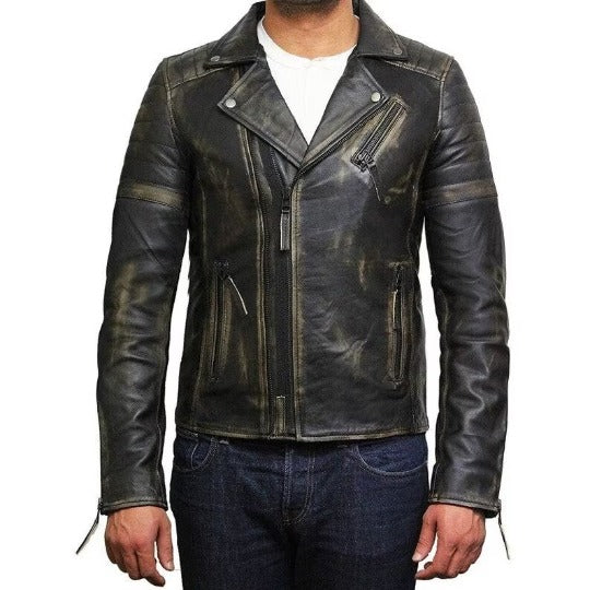 Noora Men Black Rub Off Leather Jacket | BOMBER Style Biker Jacket | Slim Fit Movie Jacket |Chinese Collar CASUAL Jacket
