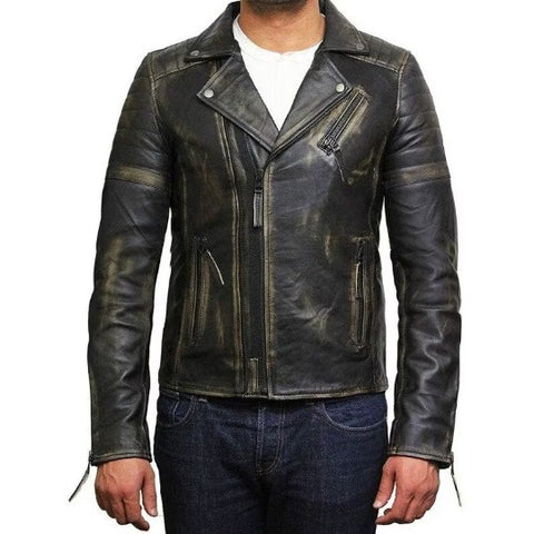 Noora Men Black Rub Off Leather Jacket | BOMBER Style Biker Jacket | Slim Fit Movie Jacket |Chinese Collar CASUAL Jacket