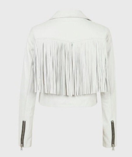 Milky WHITE Leather FRINGE Jacket with Front & Back TASSEL, Western Women Cowlady Moto Jacket